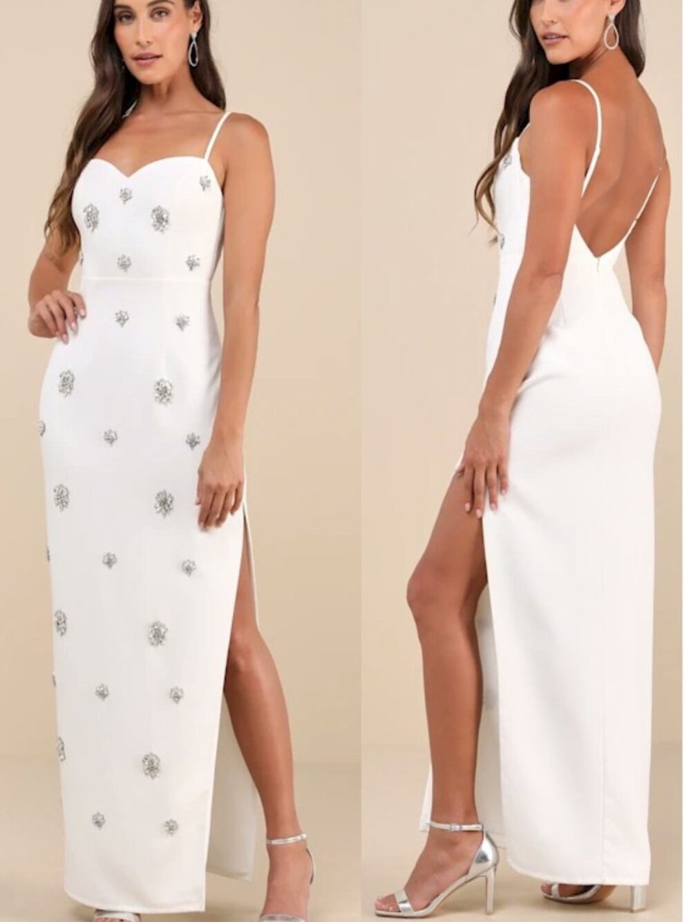 Lulus Completely Regal White Rhinestone Sleeveless Column Maxi Dress Medium NWT